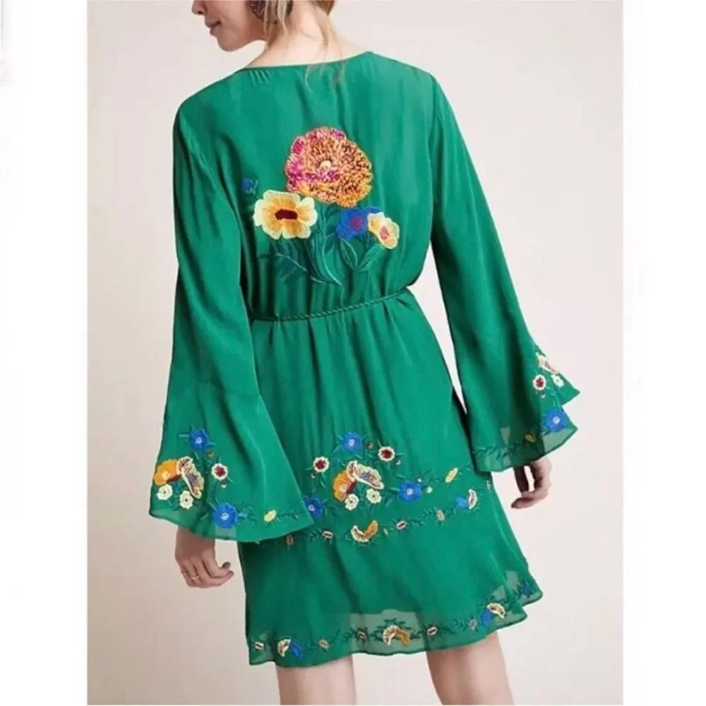 Farm Rio Jessalyn Embroidered Floral Belted Dress Green - Picture 2 of 12
